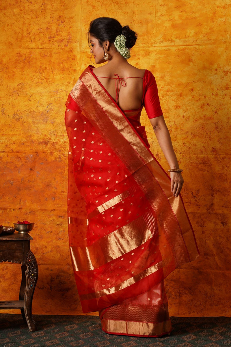 Handwoven Red Silk Chanderi Saree with Farheen Boota – WeaverStory