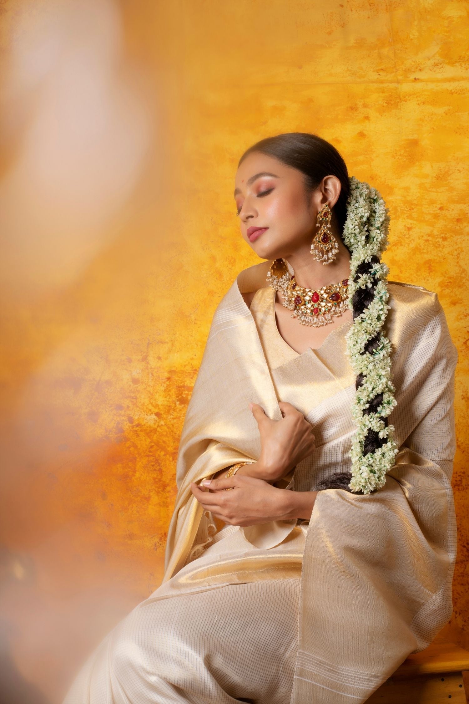 Ivory and Gold Kanjiveram Silk Saree
