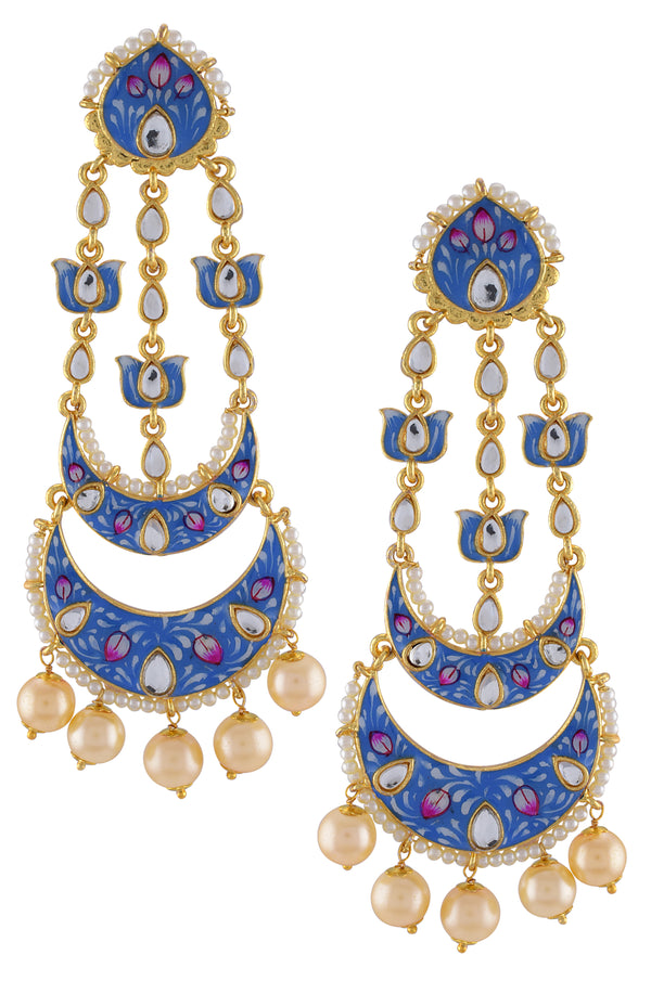 Gold Plated Blue White Enamelled Lotus Pearl Moon Earrings