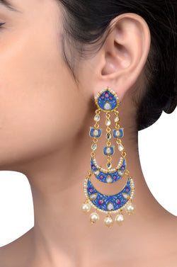 Gold Plated Blue White Enamelled Lotus Pearl Moon Earrings