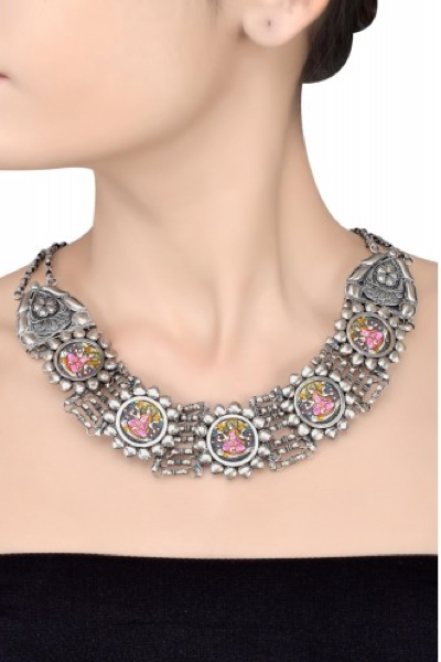 Silver Oxidised Lakshmi Flower Frame Interlinked Necklace