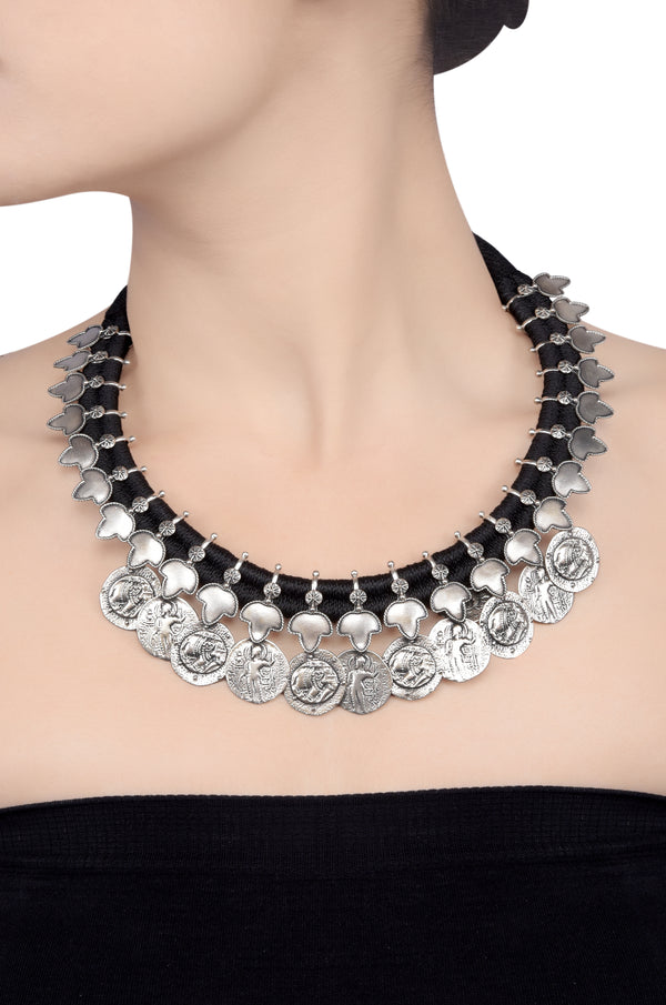Silver Oxidised Lotus Coin Thread Necklace