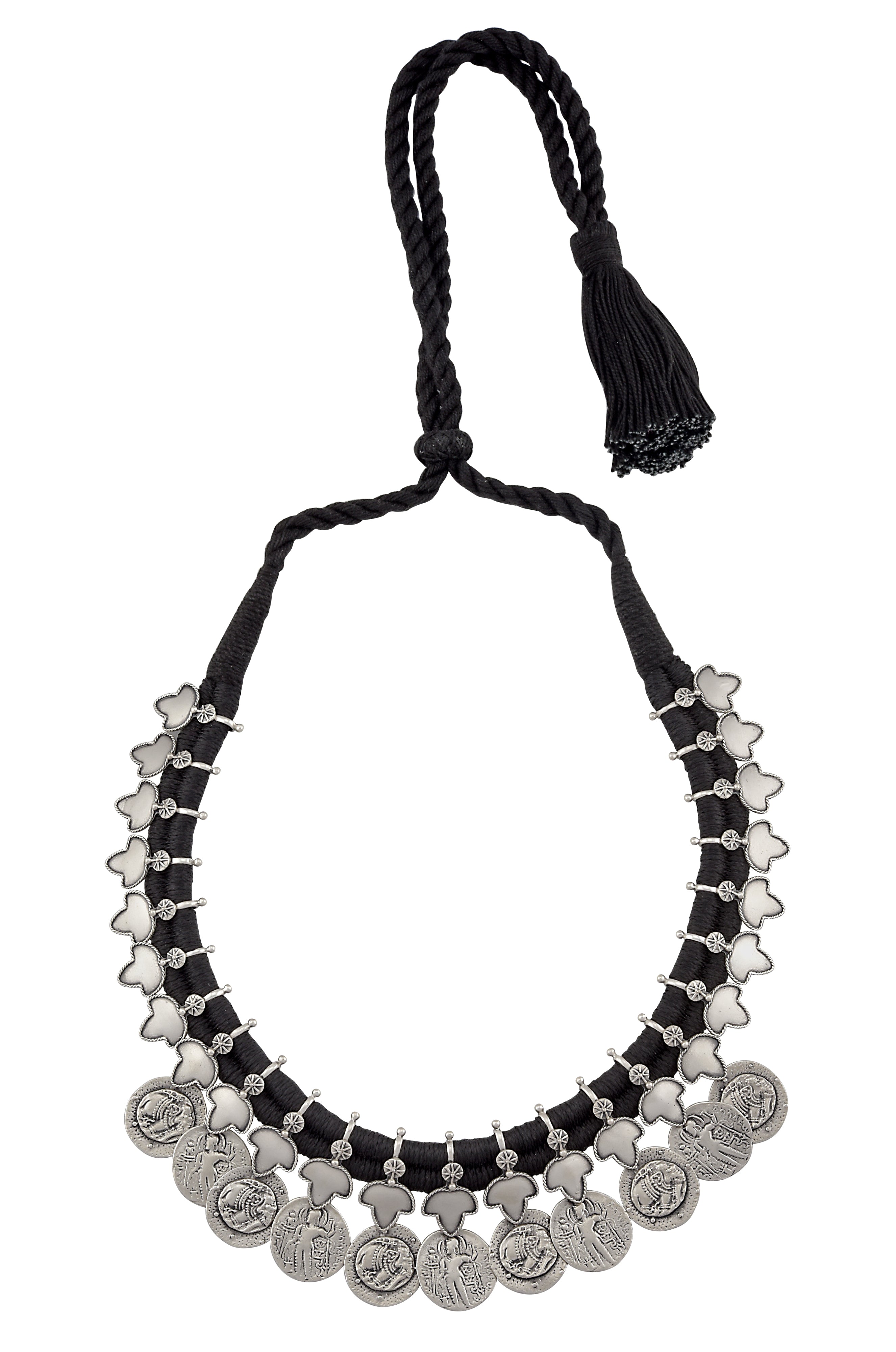 Silver Oxidised Lotus Coin Thread Necklace