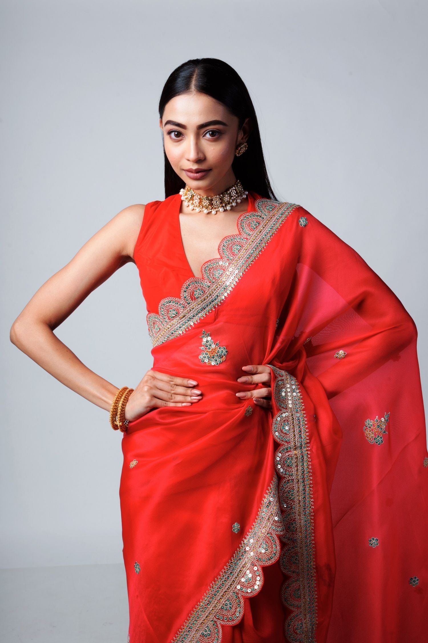 Red embroidered organza saree