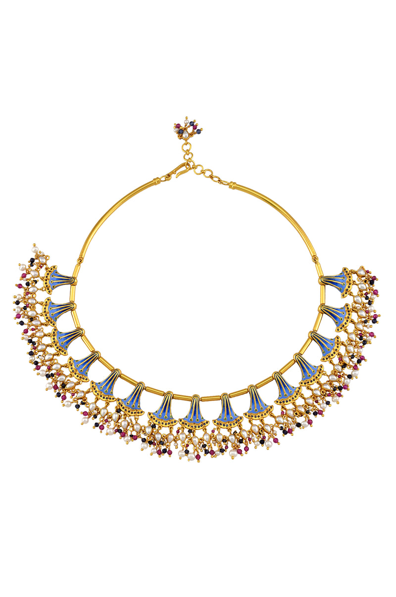 Silver Gold Plated Enamelled Multi Fan Pearl Glass Drop Necklace