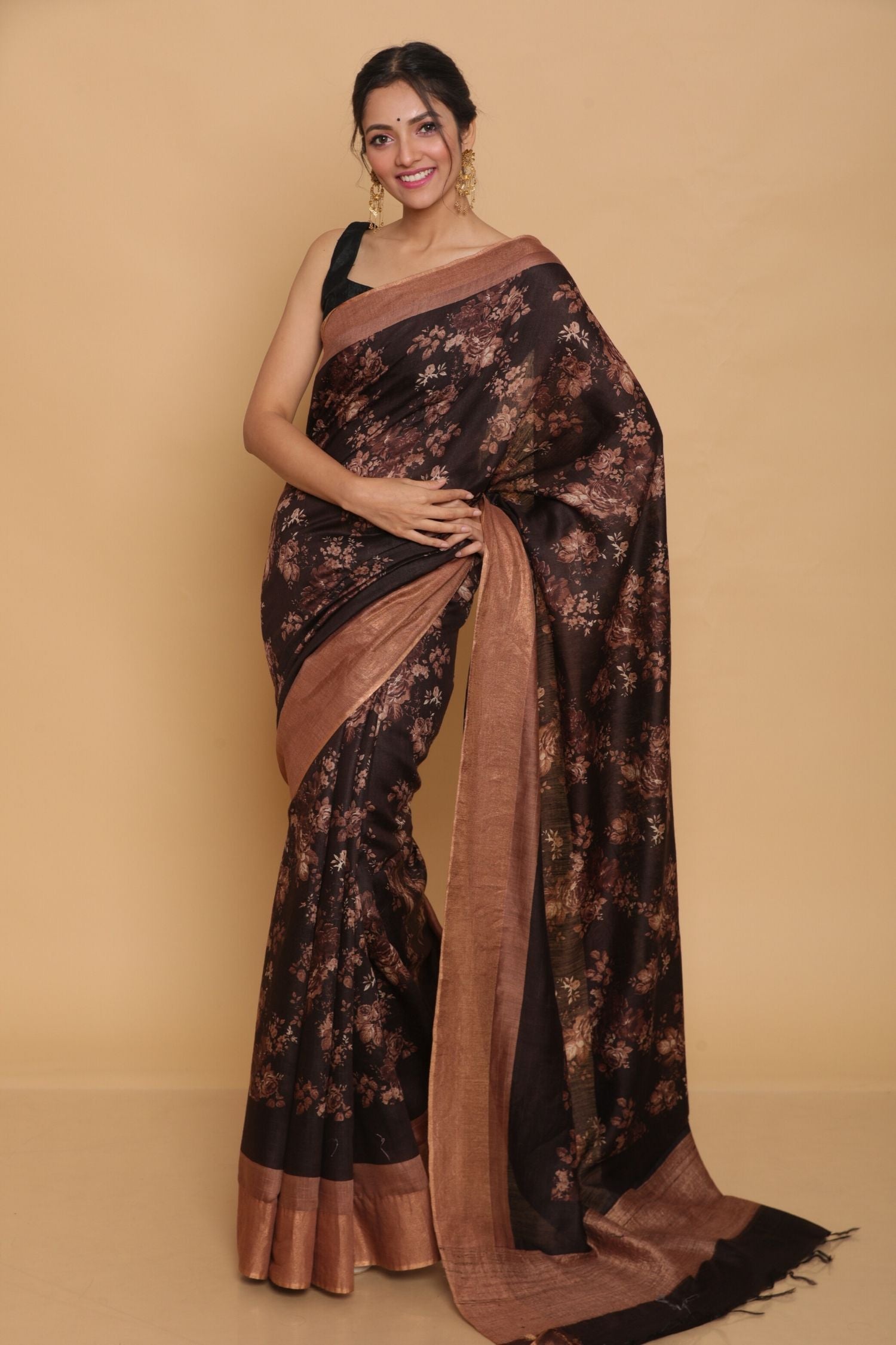 Brown Printed Tussar Saree