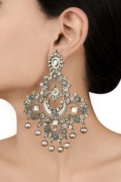 Silver Oxidised White Blue Glass Pearl Atulya Earrings