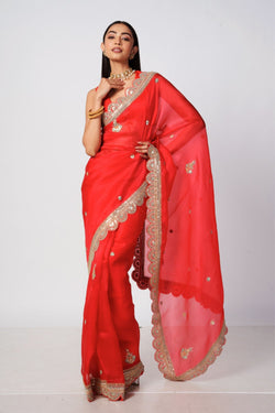 Red embroidered organza saree