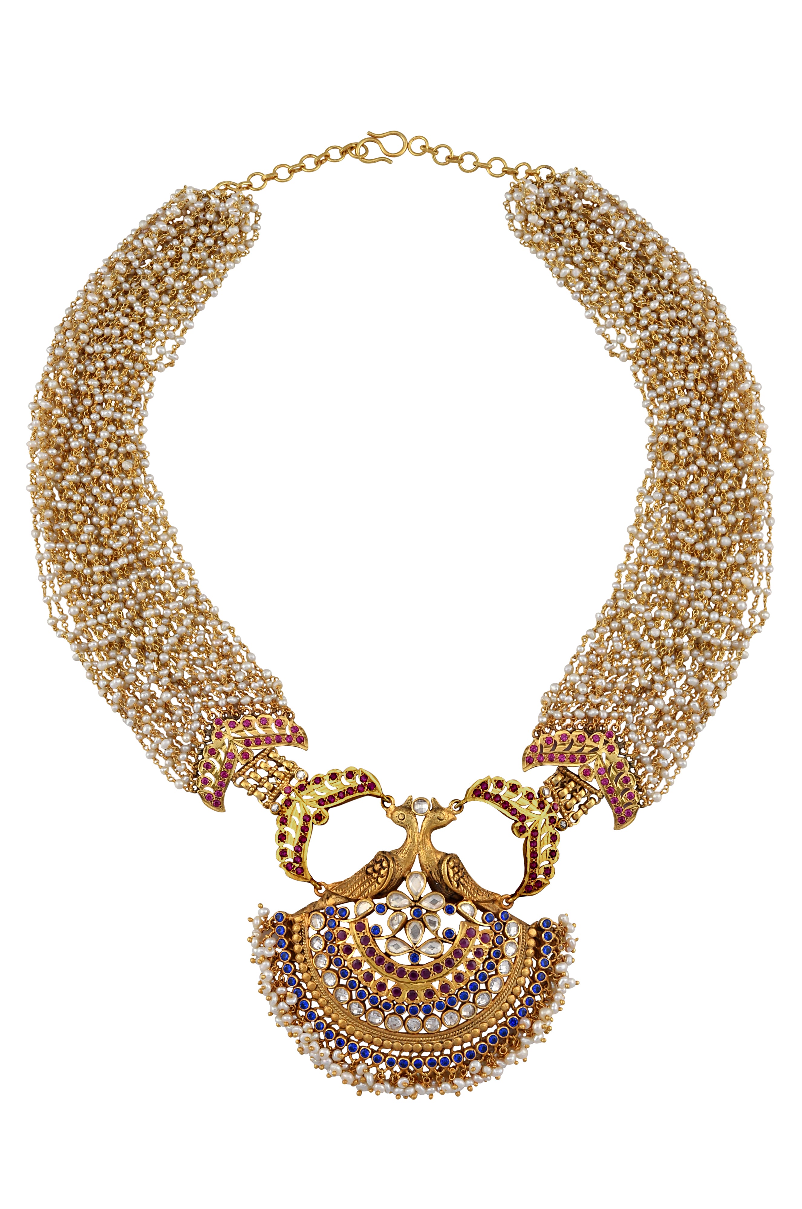 Silver Peacock Multi Strand Pearl Necklace
