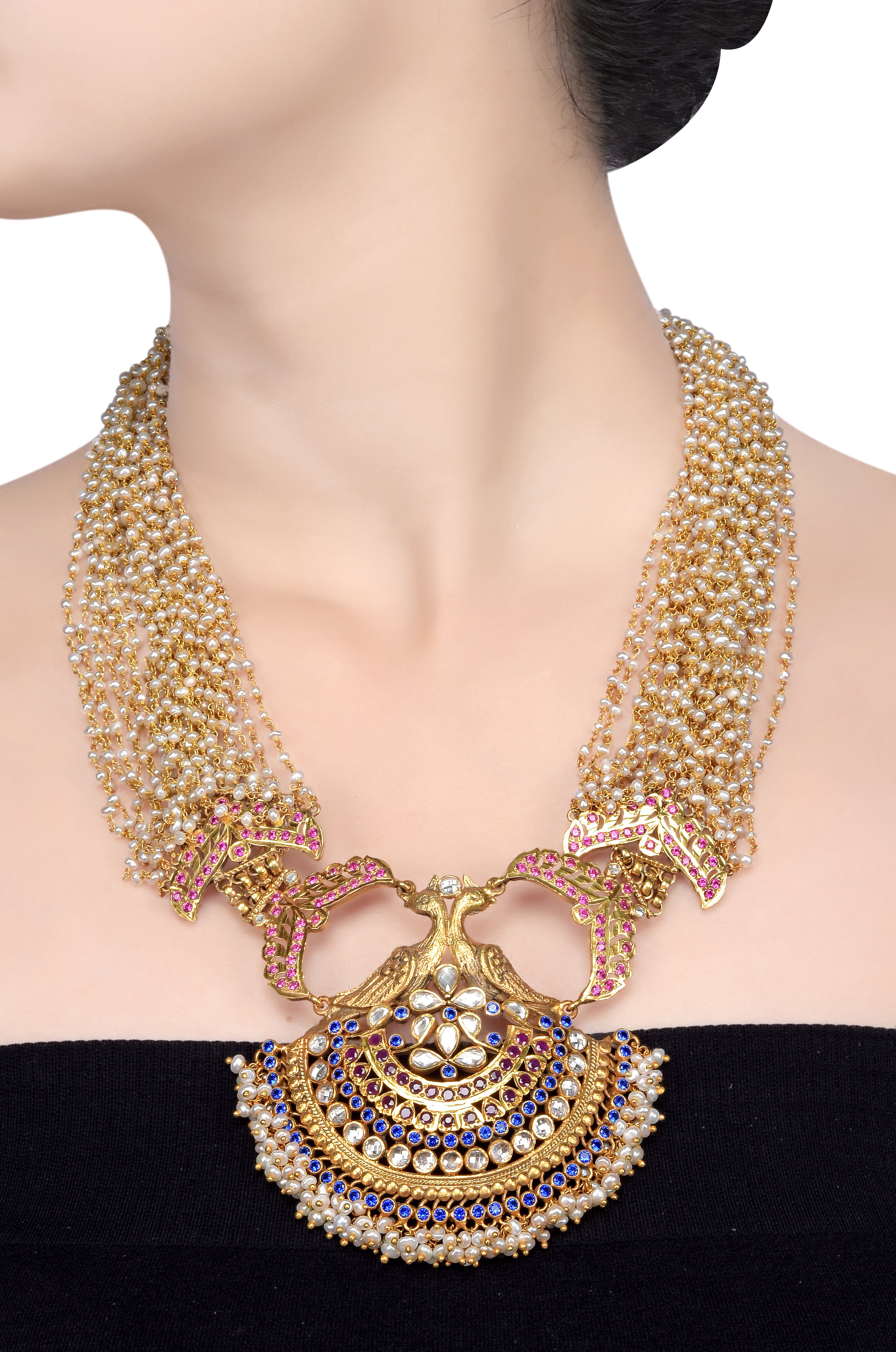 Silver Peacock Multi Strand Pearl Necklace
