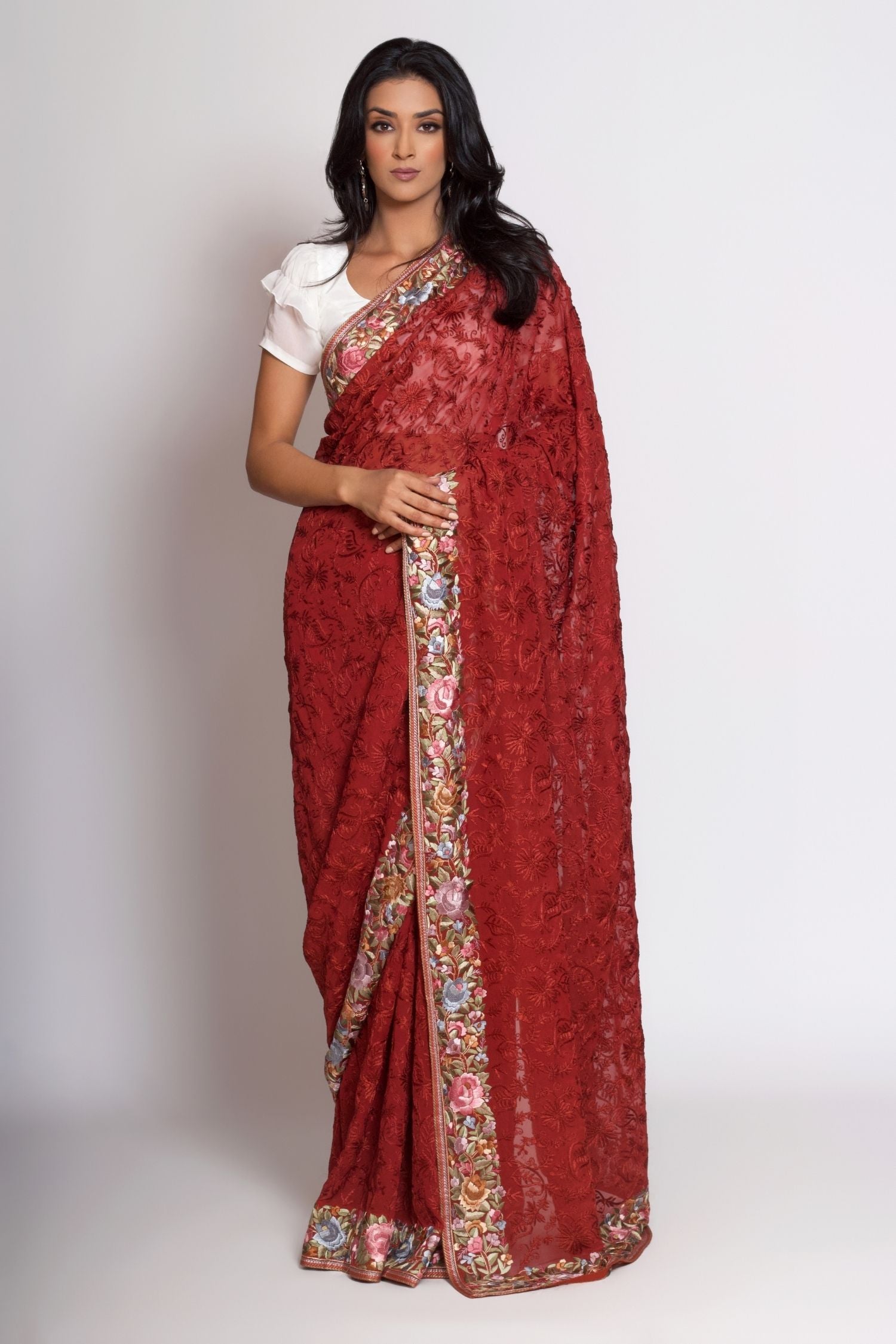 Red Brown Hand Embroidered Gara Parsi Saree