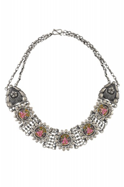 Silver Oxidised Lakshmi Flower Frame Interlinked Necklace