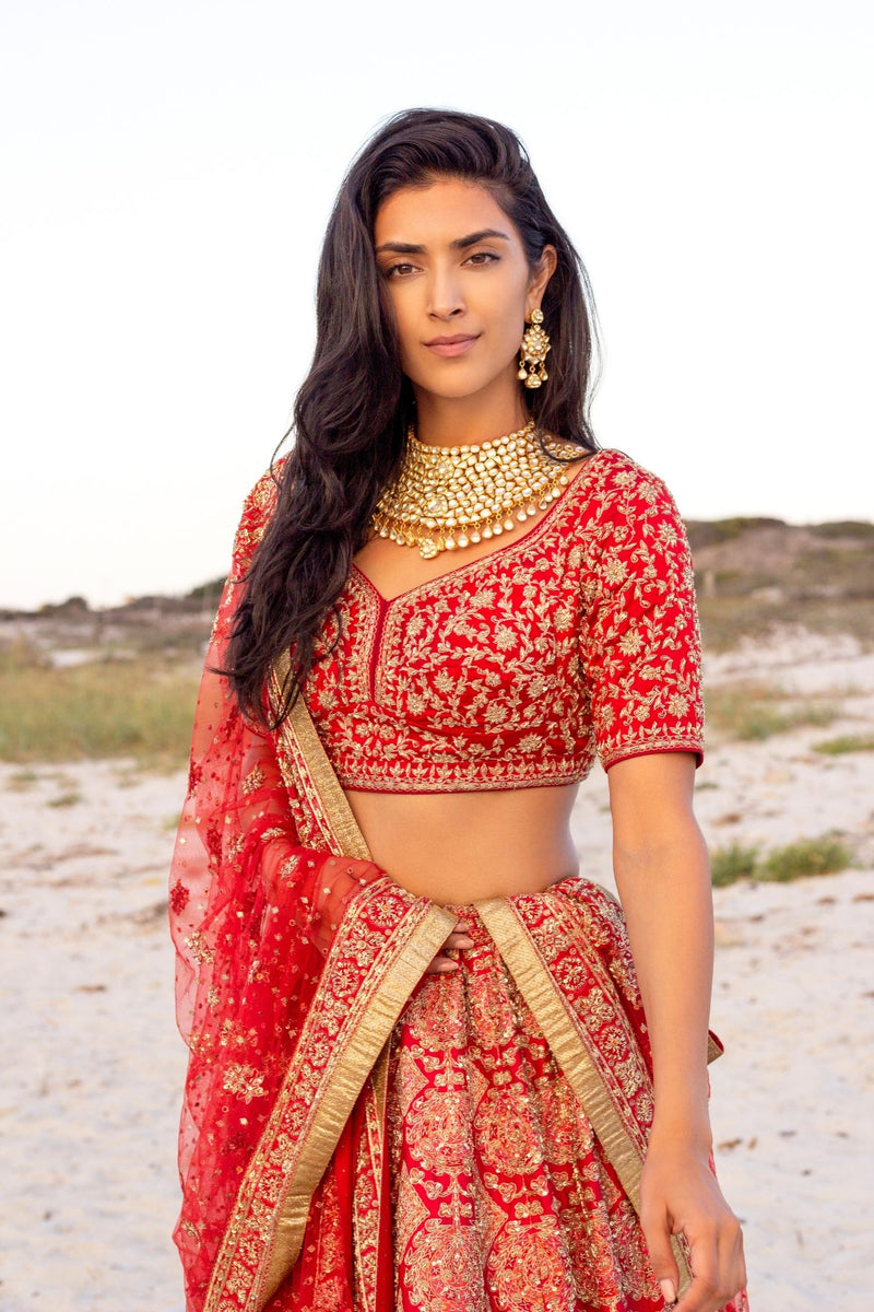 Buy Gold Blouse- Velvet Embroidery Zardozi Leaf Geometric Lehenga Set For  Women by Rhua India Online at Aza Fashions.