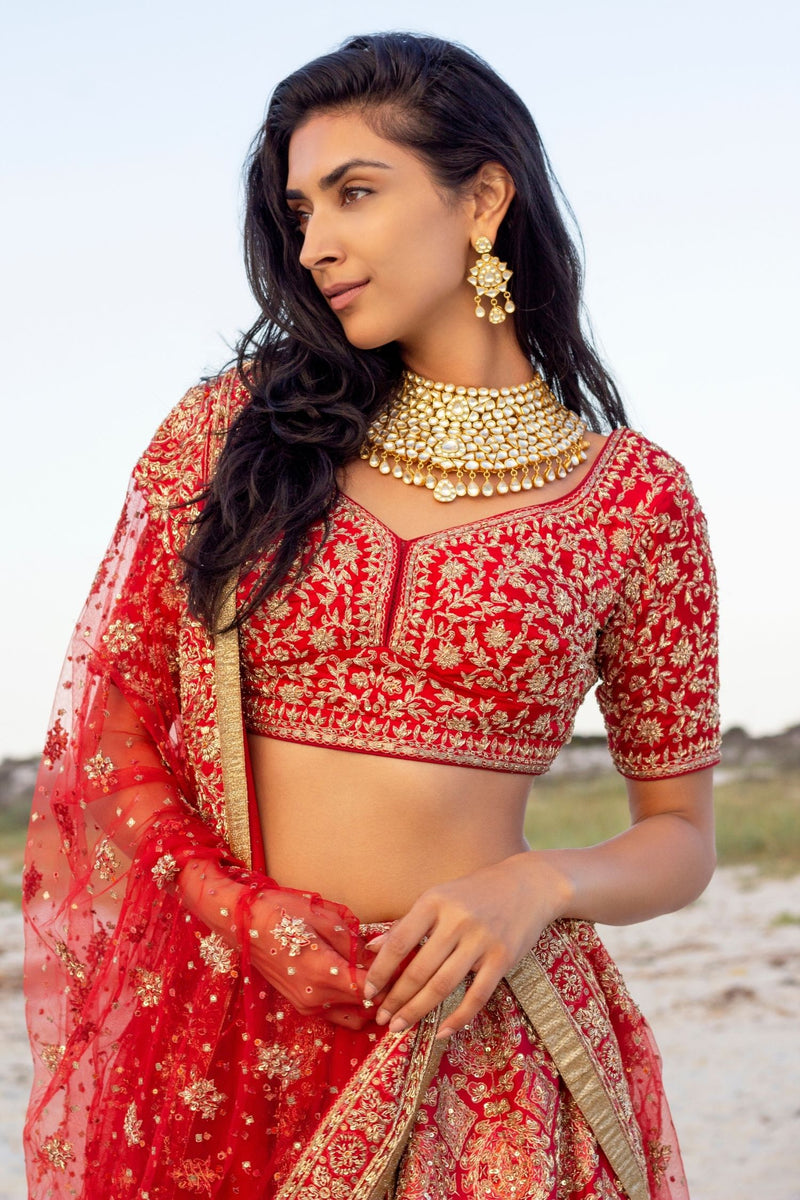 Pakistani Wedding Wear - Red Heavy Blouse Lehenga - Golden Dupatta