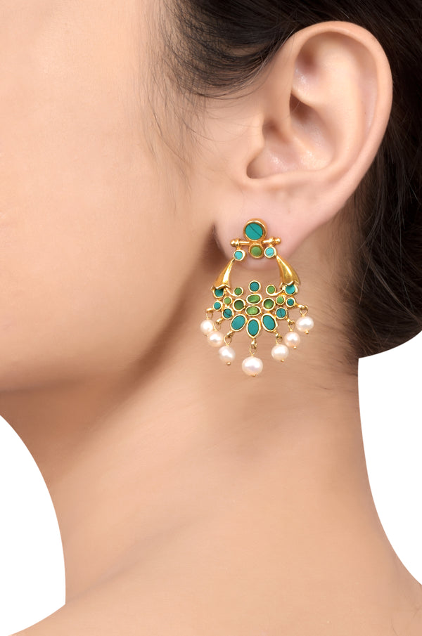 Silver Gold Plated Oval Turquoise Pearl Droplet Earrings