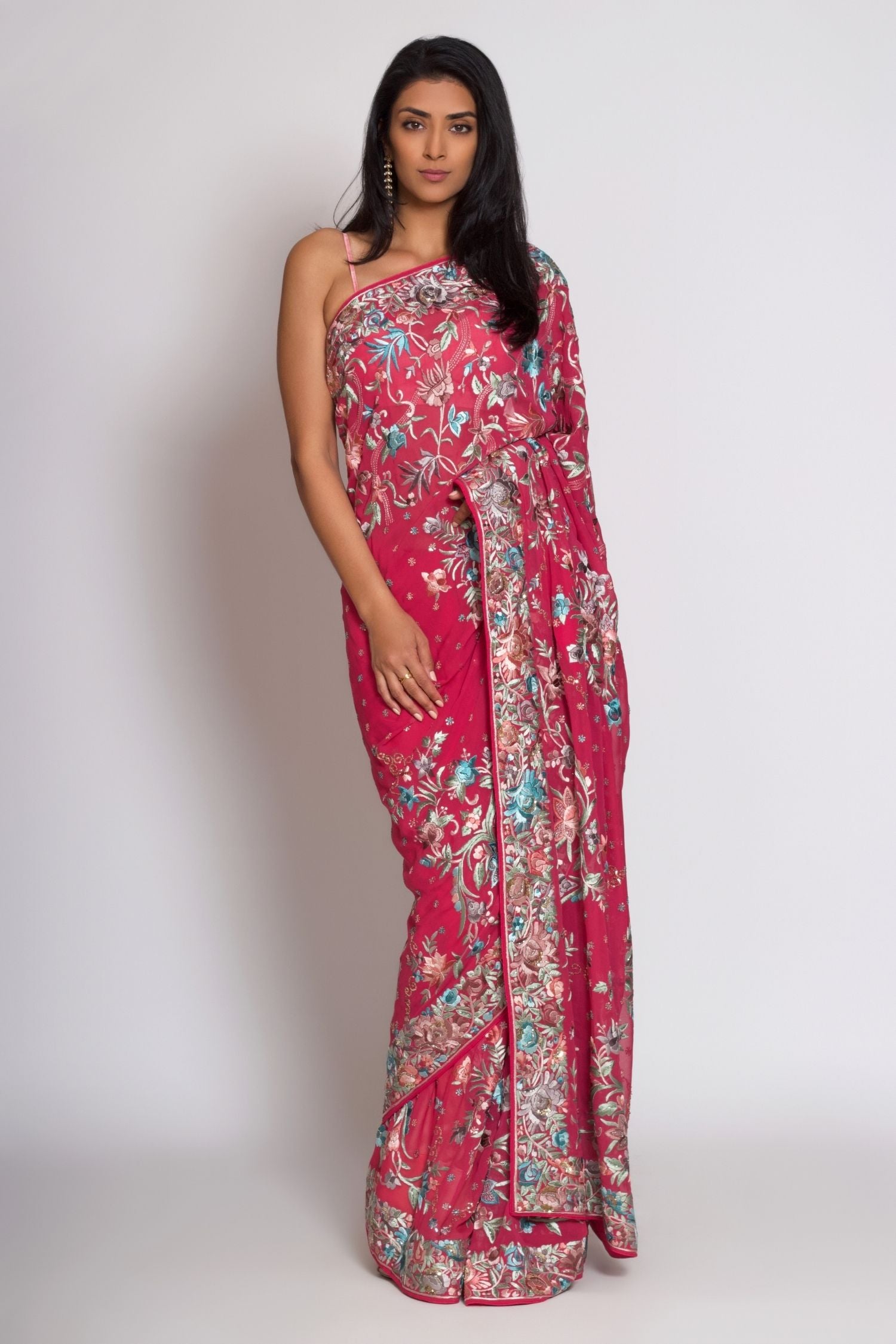 Pink Georgette Gara Parsi Saree