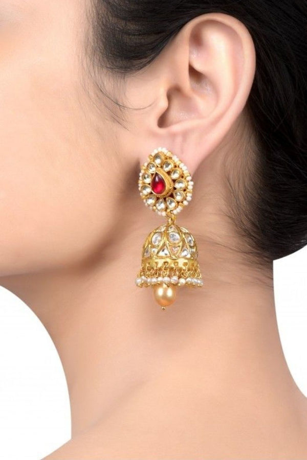 Silver Gold Plated Crystal Studded Pearl Pear Drop Jhumki Earrings
