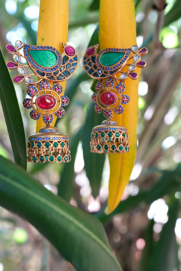 Silver Gold Plated Atilya Colorful Peacock Jhumki Earrings