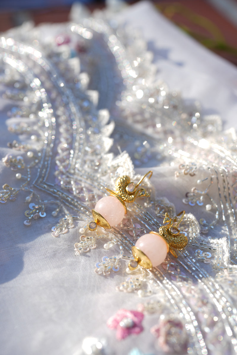 Silver Gold Plated Amrapali Rose Quartz Peacock Earrings