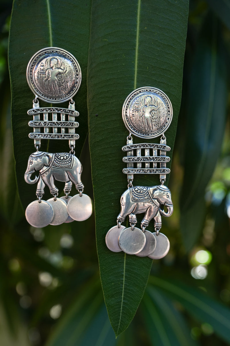 Silver Oxidized Coin Maurya Elephant Earrings