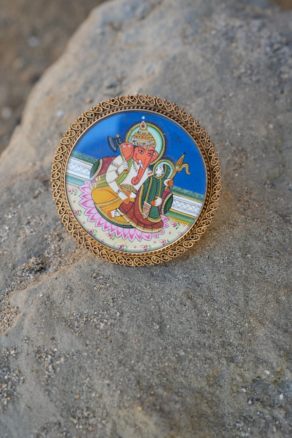 Silver Gold Plated Hand Painted Ganesha Ring