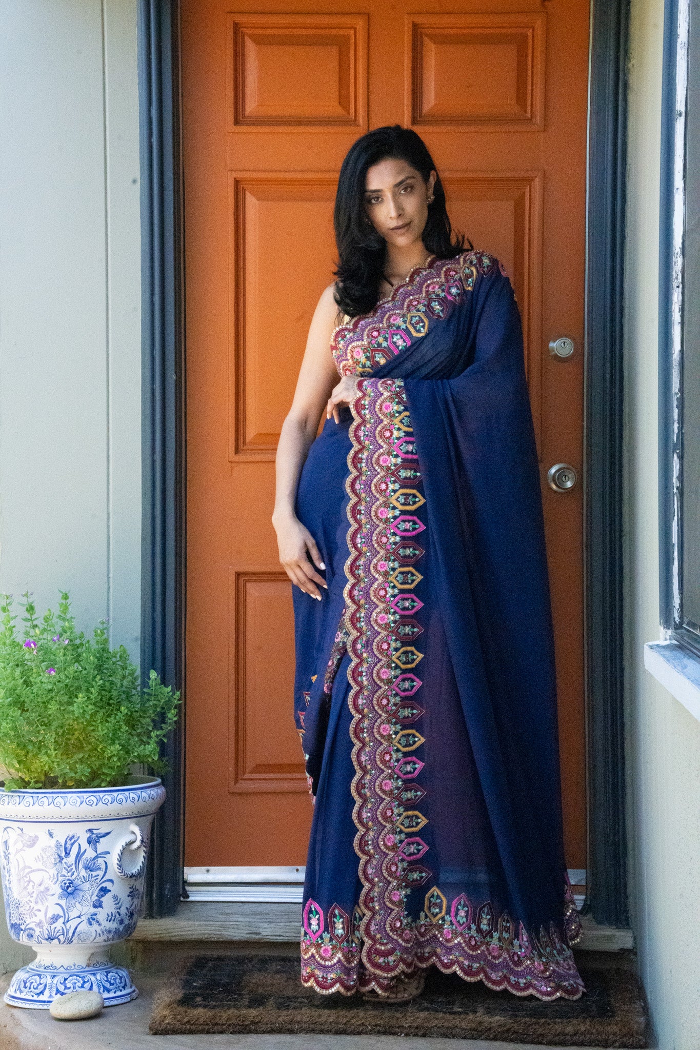 Manish Malhotra Blue Georgette Saree with Hand Embroidered Border