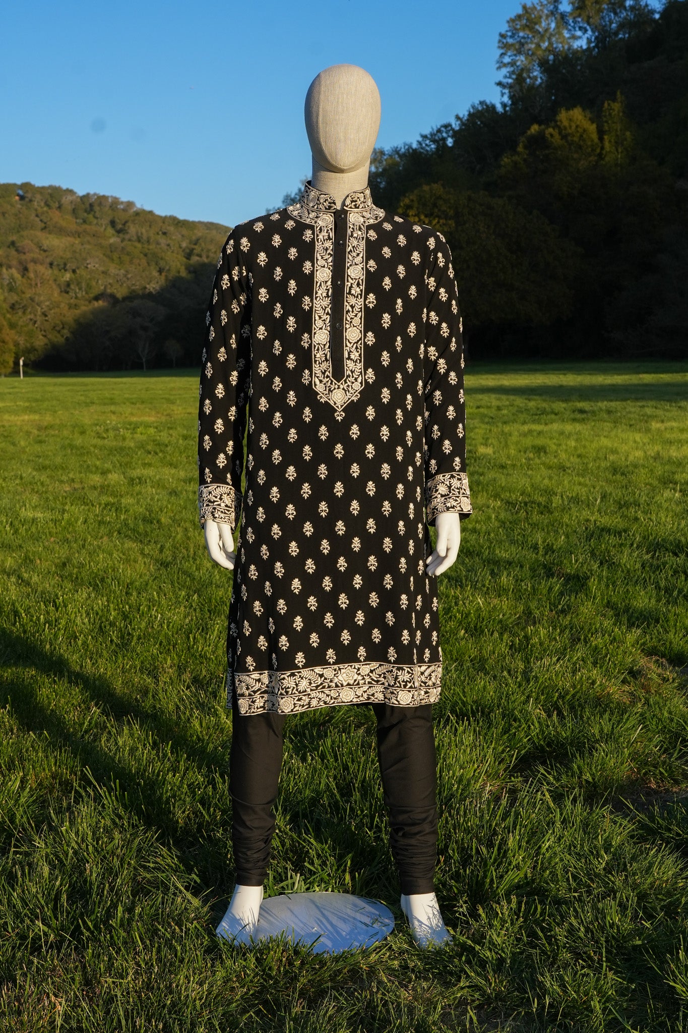 Mens Black Georgette Gara Parsi Kurta
