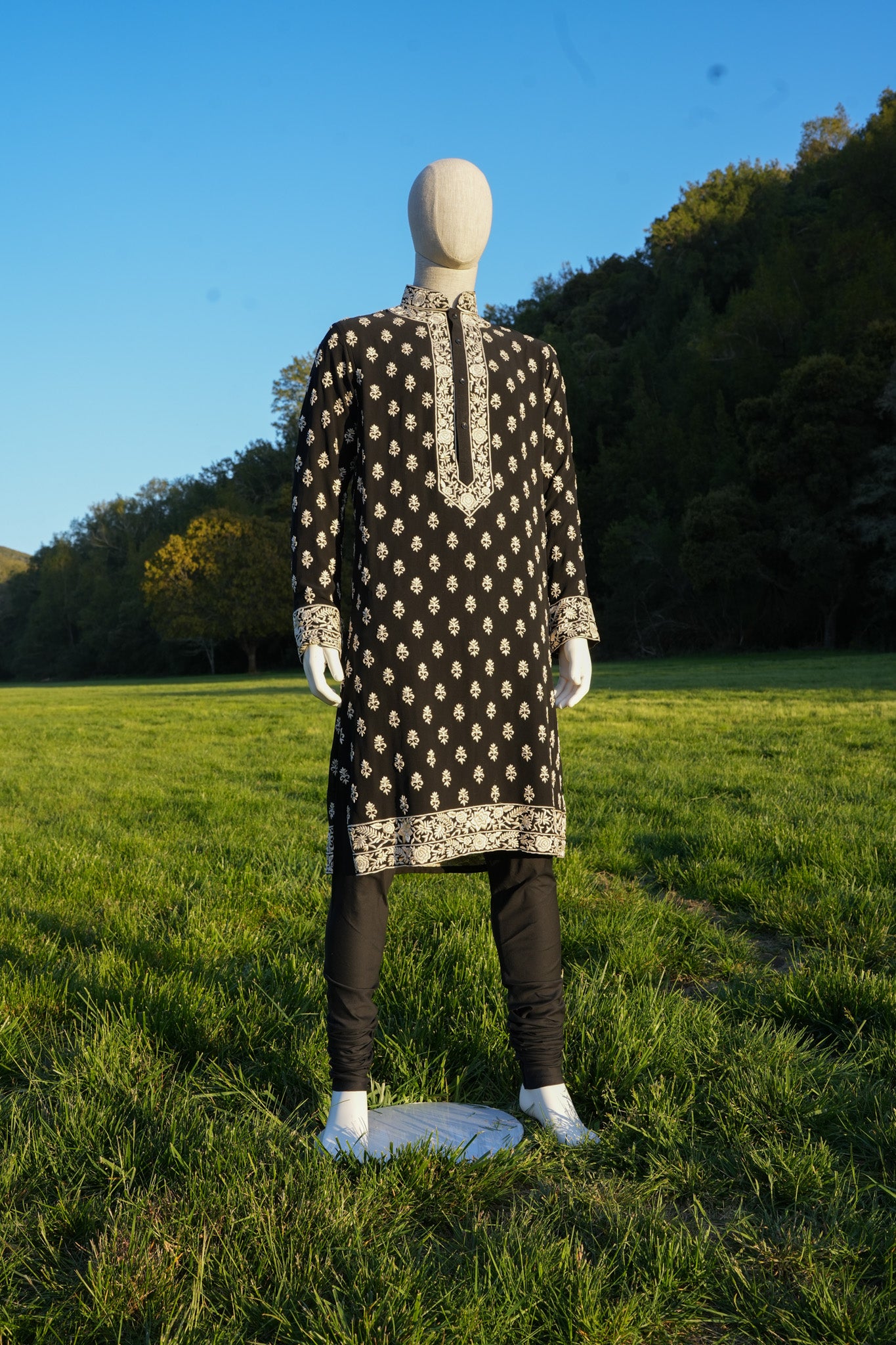 Mens Black Georgette Gara Parsi Kurta