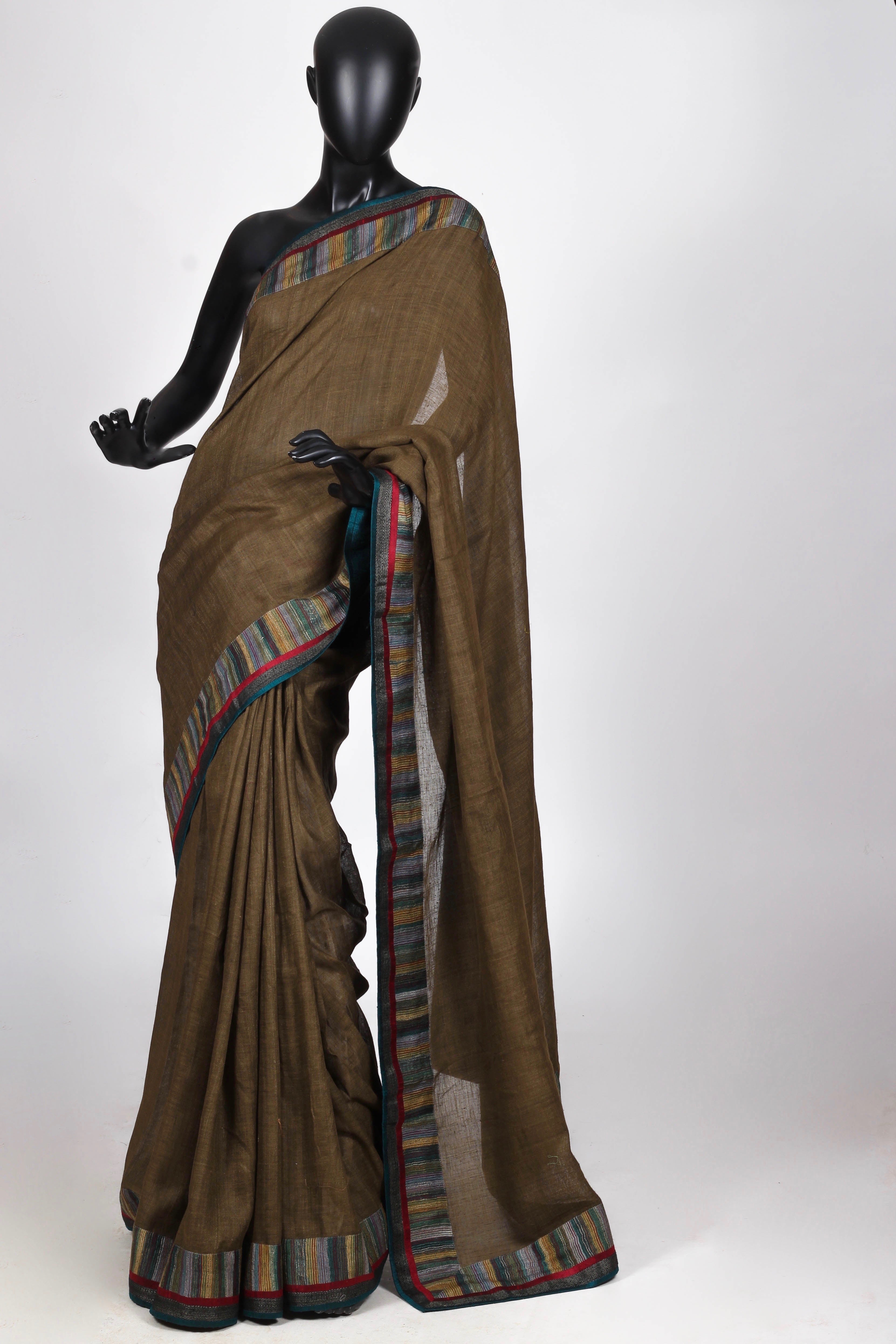Dark olive woven saree