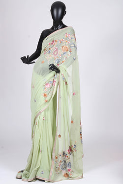 Pista green crepe saree with hand thread embroidery