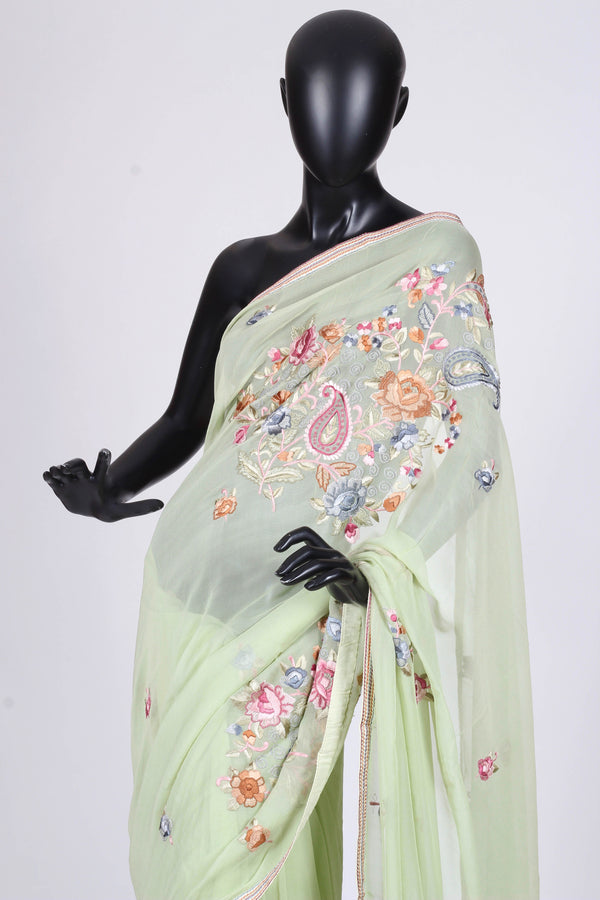 Pista green crepe saree with hand thread embroidery
