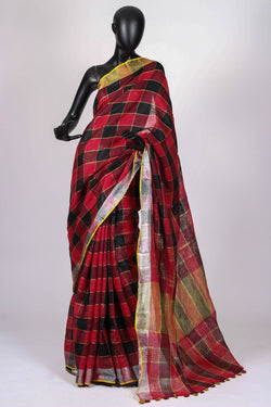 Black and red check Linen Saree