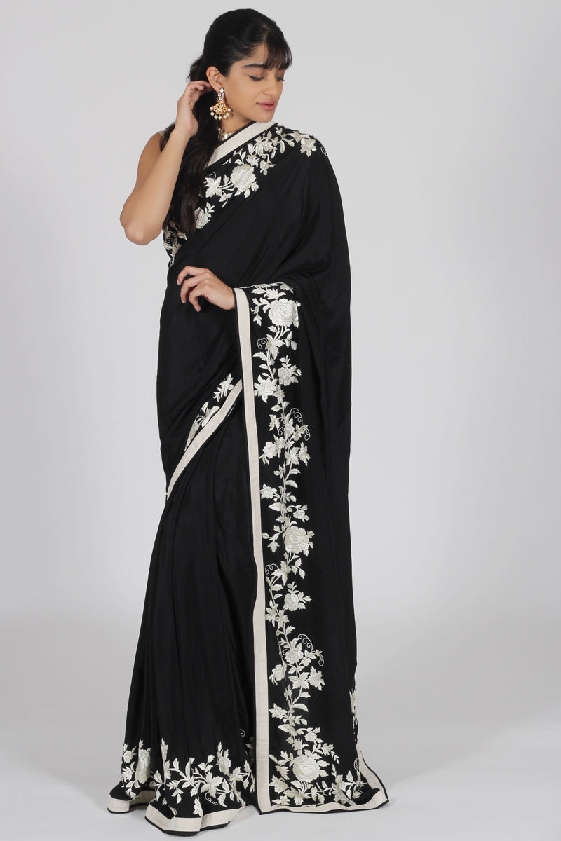 Black Crepe Georgette Gara Parsi saree