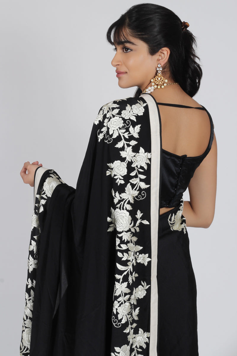 Black Crepe Georgette Gara Parsi saree