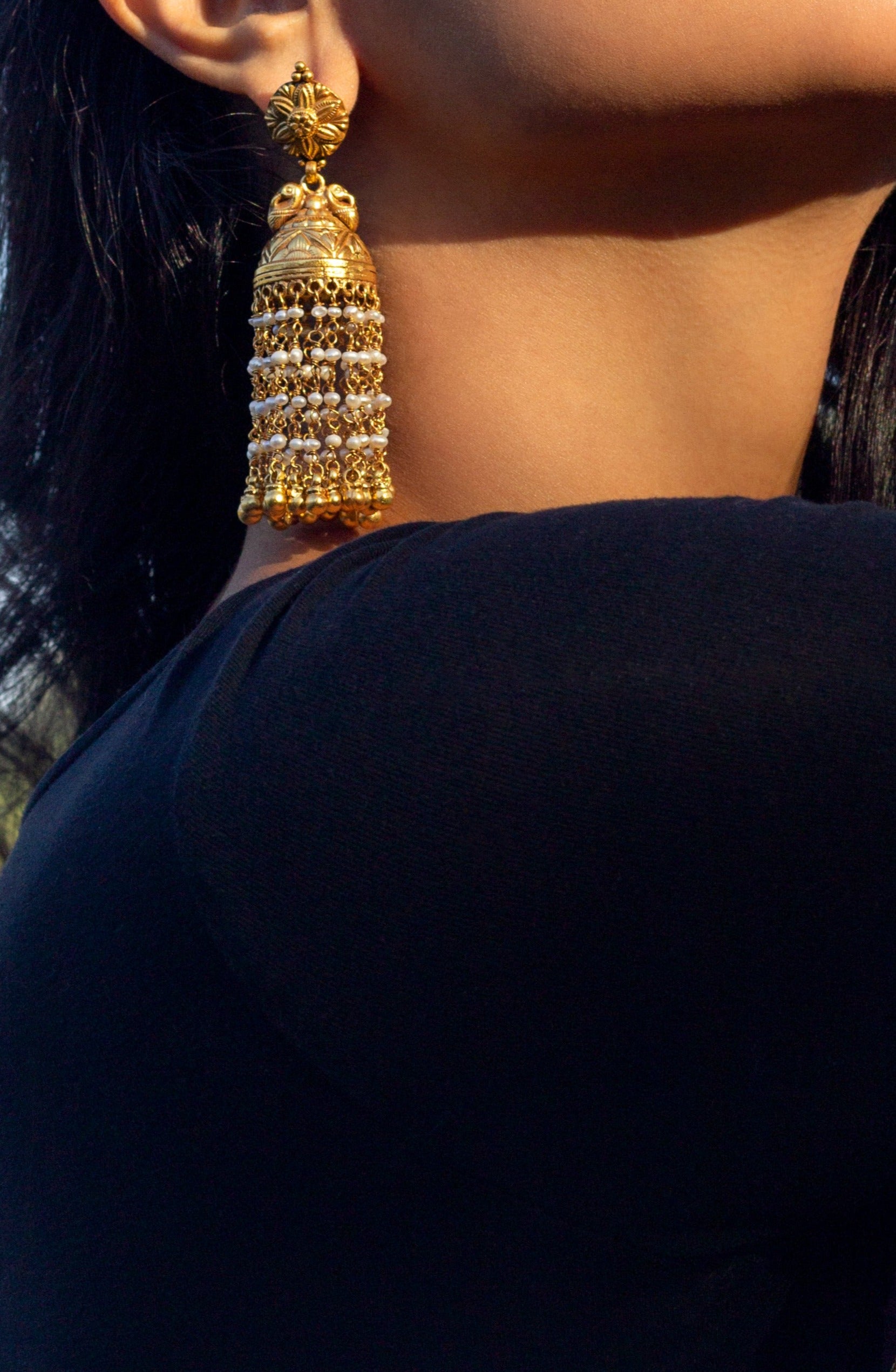 Silver Gold Plated Floral Carved Multi Pearl Strand Jhumki Earrings