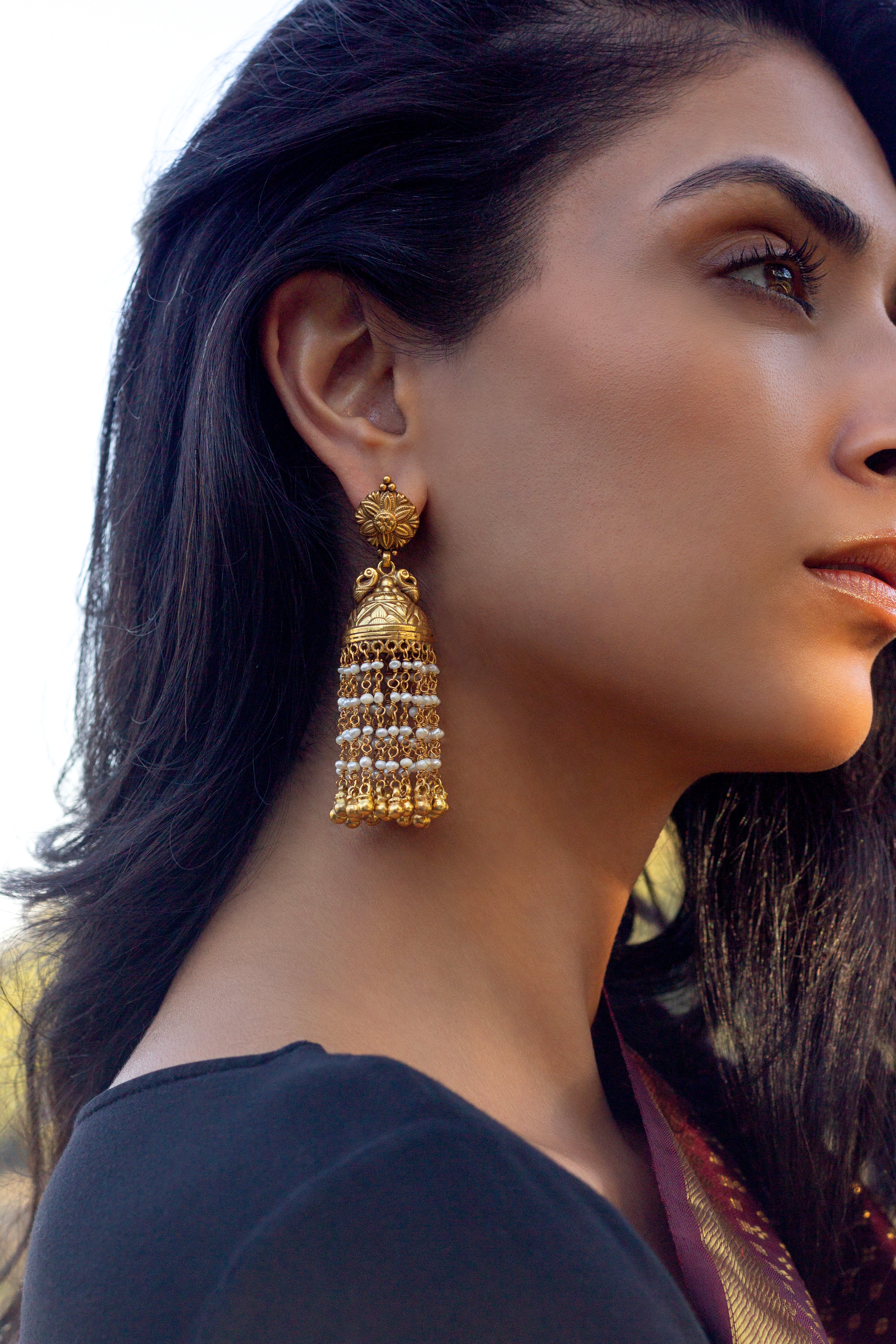Silver Gold Plated Floral Carved Multi Pearl Strand Jhumki Earrings
