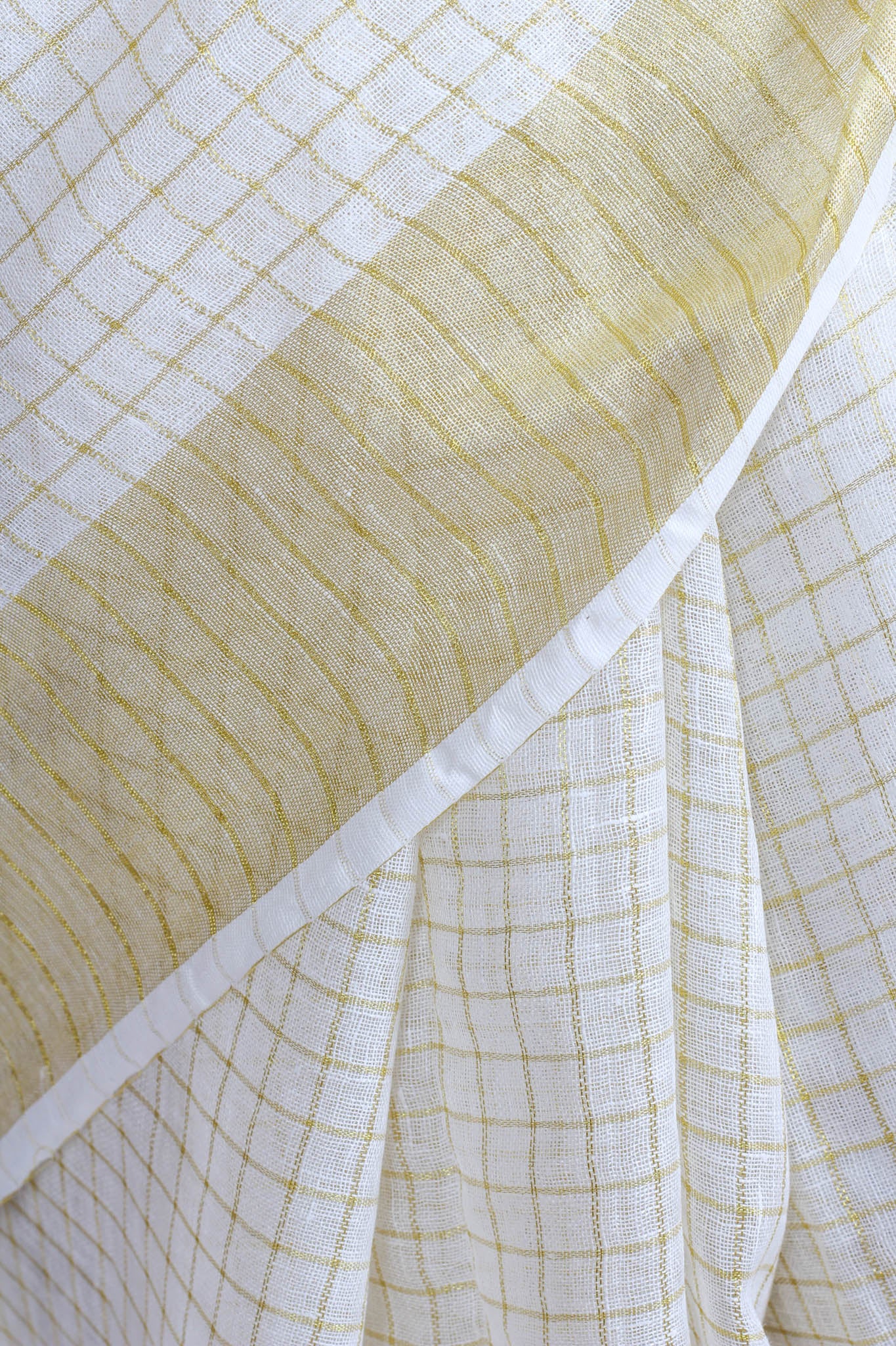White and Gold Check Linen Saree