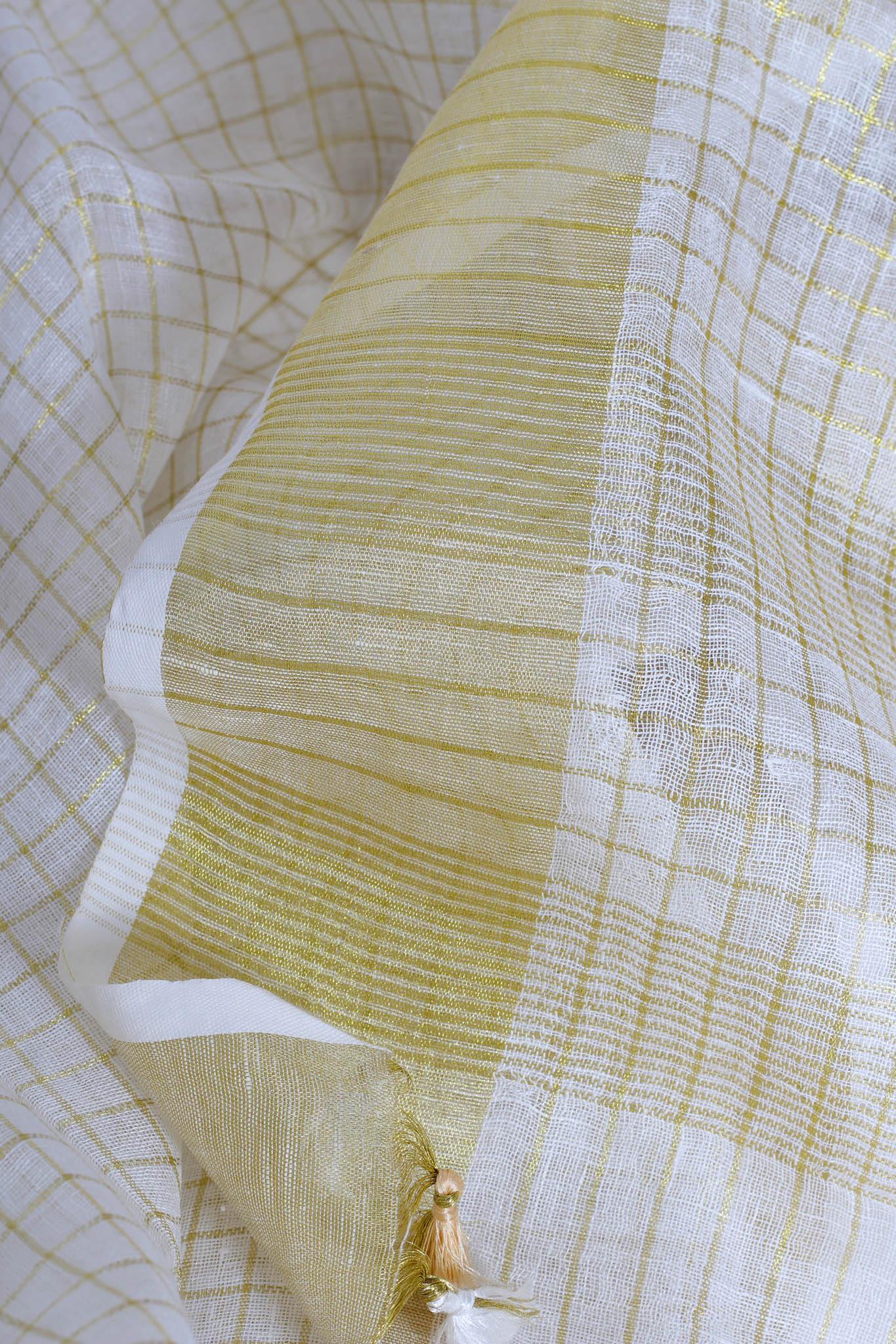 White and Gold Check Linen Saree