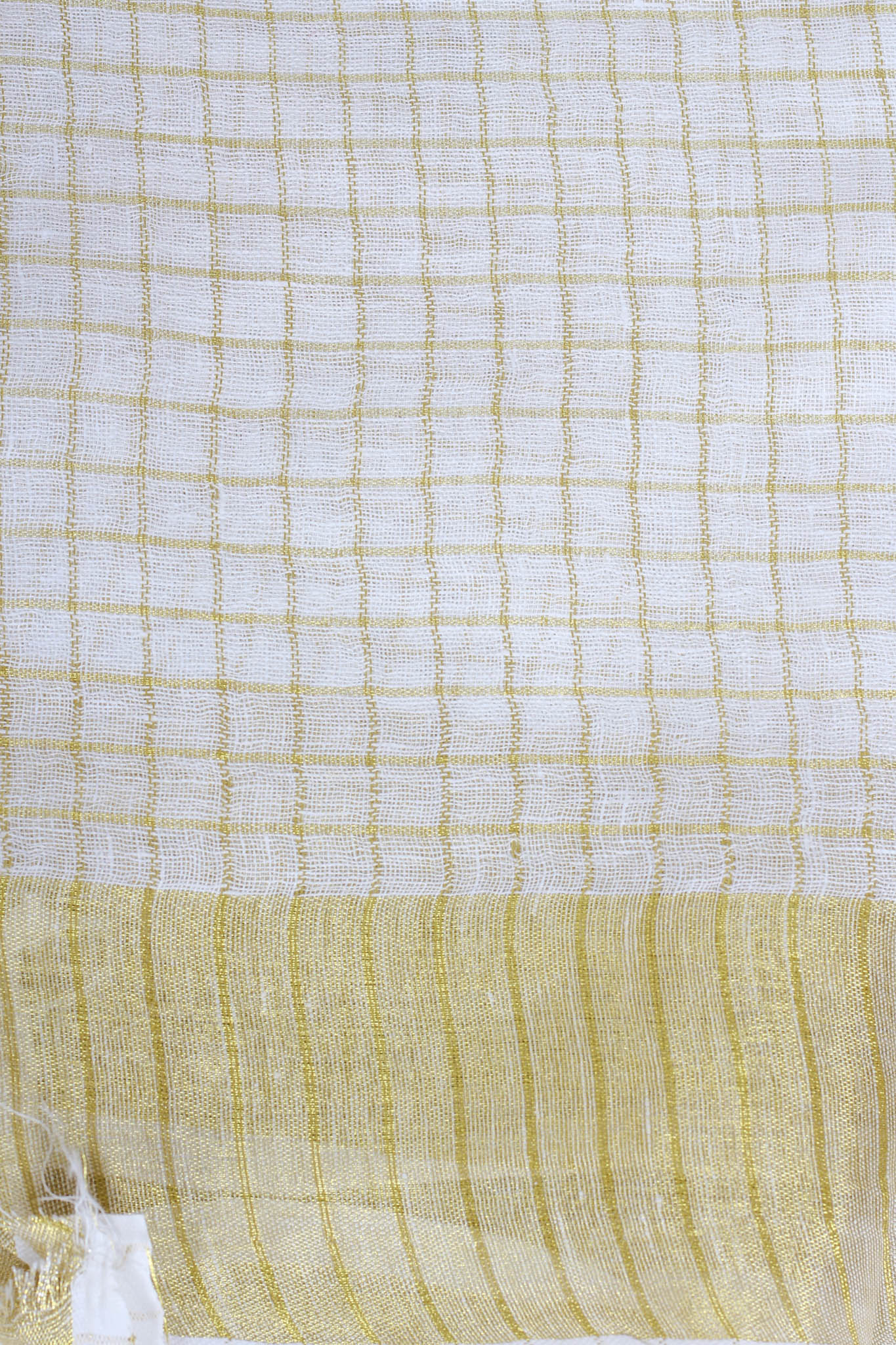 White and Gold Check Linen Saree