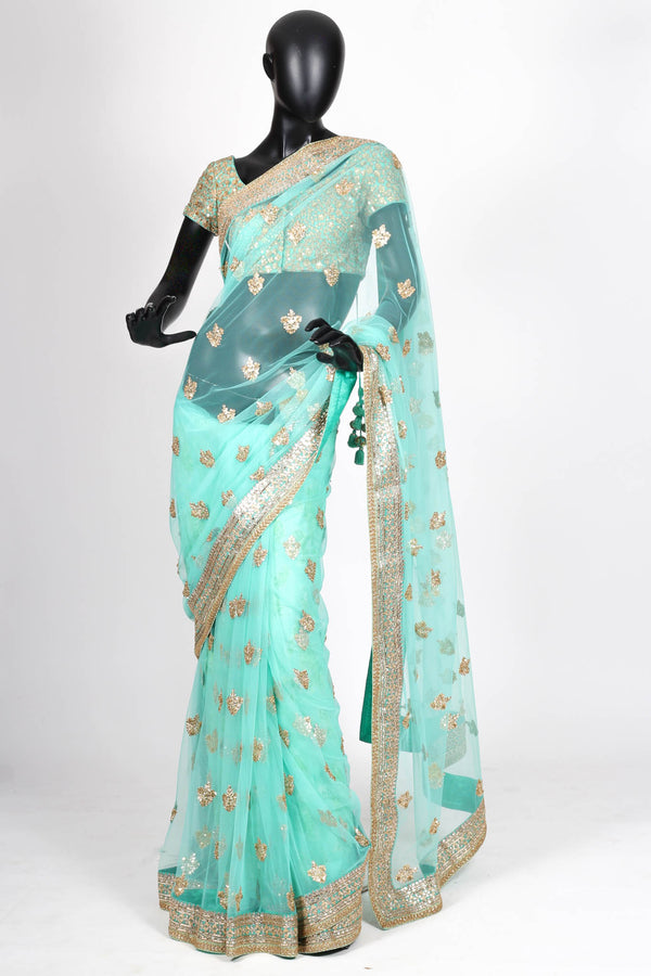 Sabyasachi turquoise tulle saree with gota embroidery