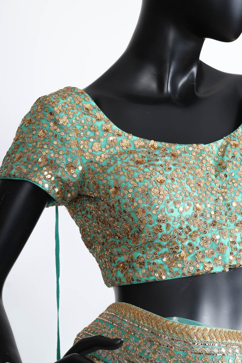 Sabyasachi turquoise tulle saree with gota embroidery