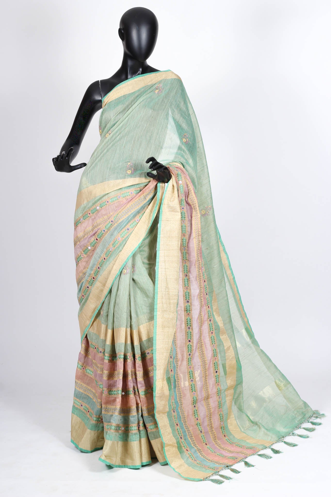 Green handwoven kantha saree
