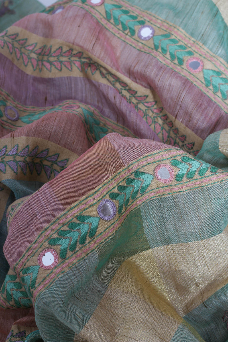 Green handwoven kantha saree