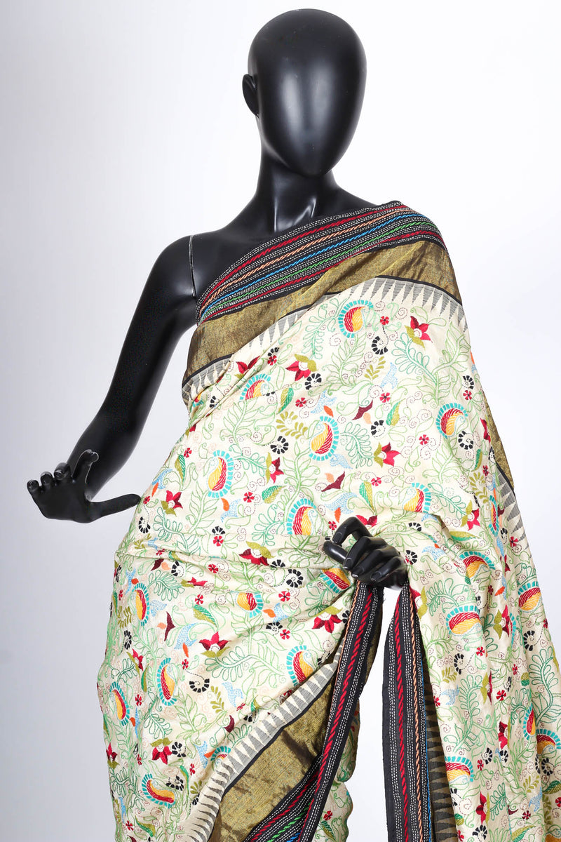 The Charulata Sari. Silk with Kantha Embroidery