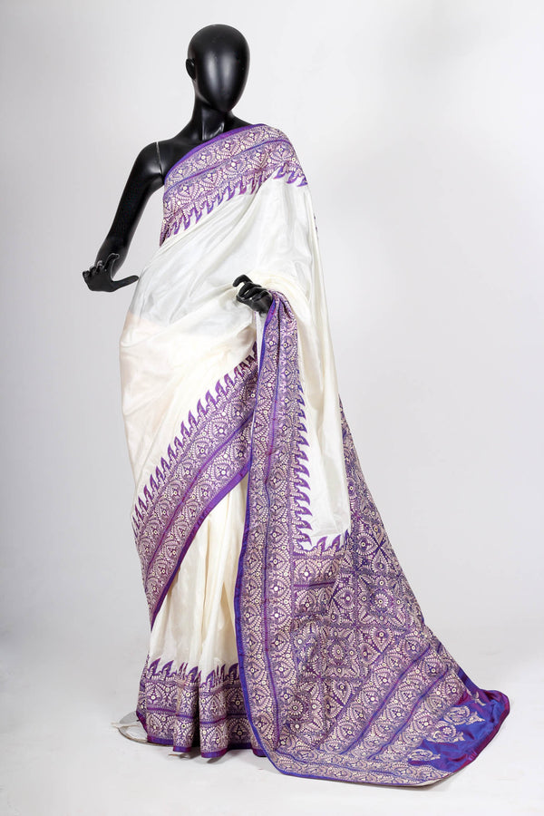 White and Purple Kantha Saree