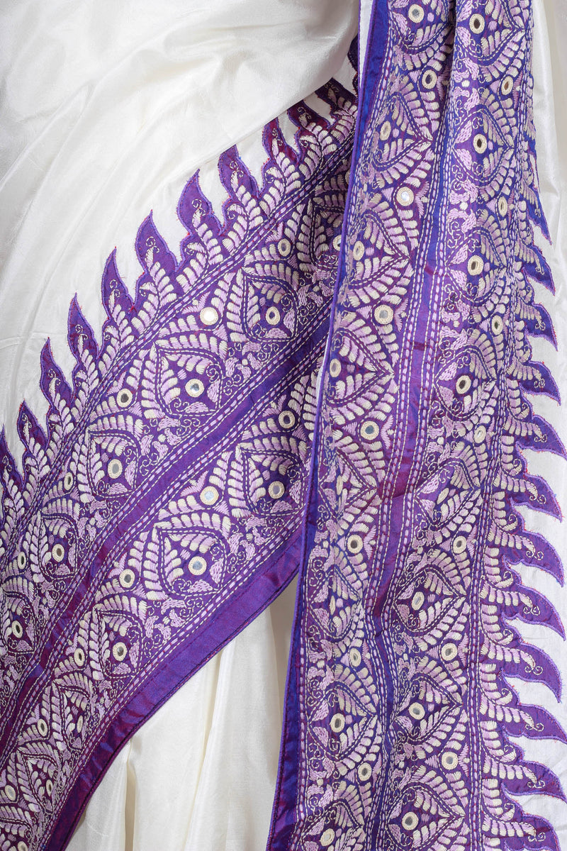 White and Purple Kantha Saree