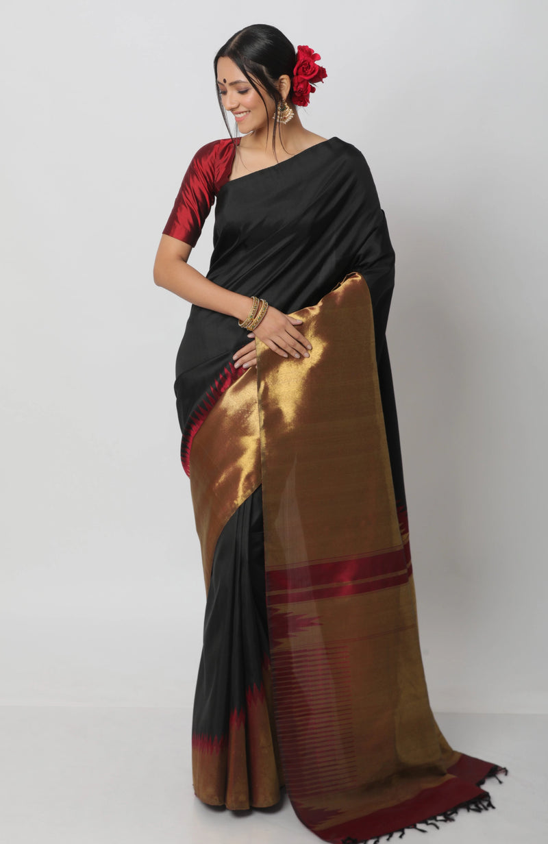 Deep Black Kanjivaram Silk Saree With Floral Embroidery | Singhania's