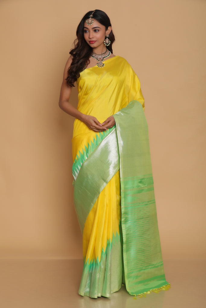 Buy SHRI DWARKESH FASHION HUB Solid/Plain Mysore Georgette Yellow Sarees  Online @ Best Price In India | Flipkart.com