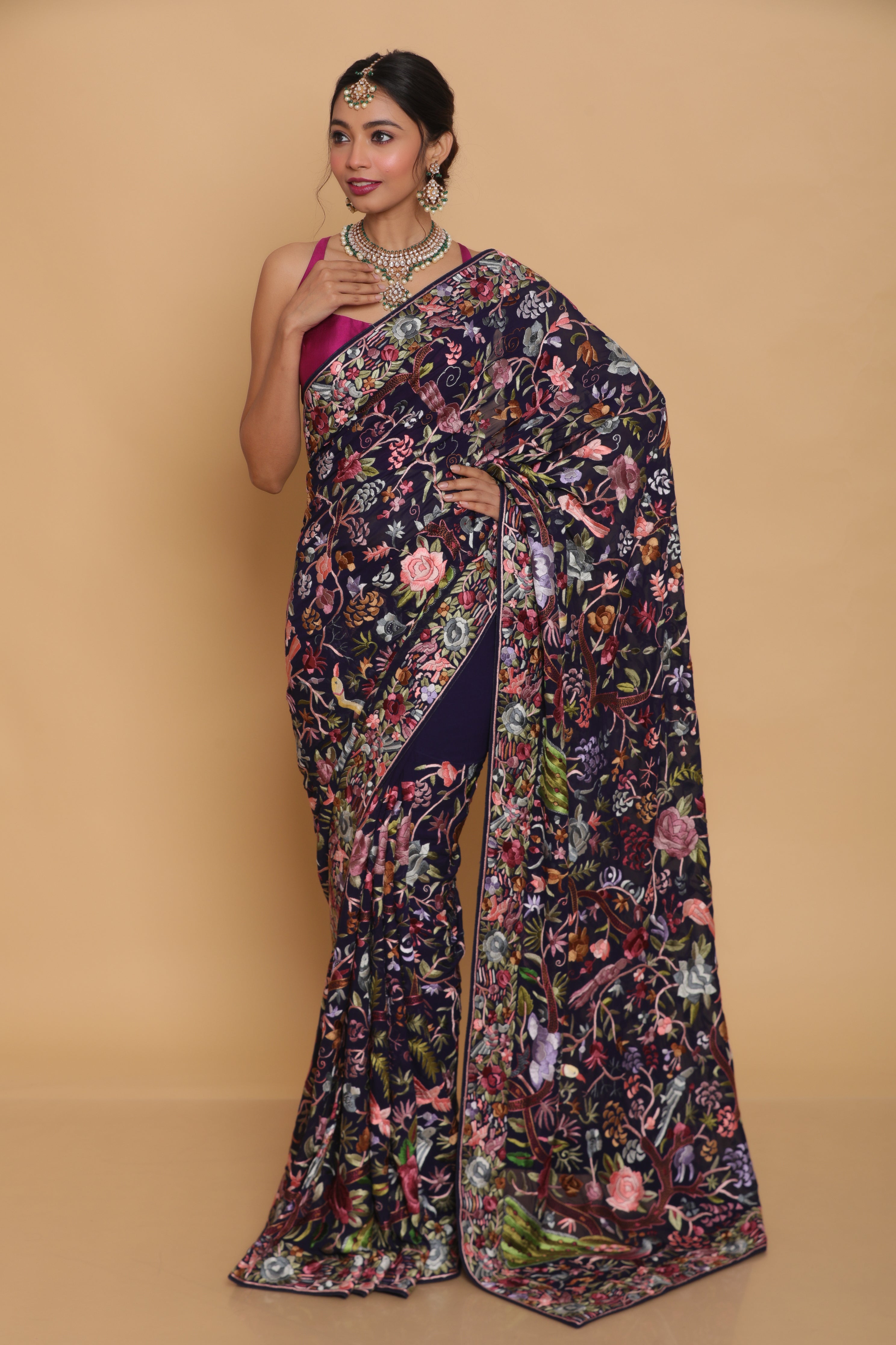 Blue Hand Embroidered Gara Parsi Saree