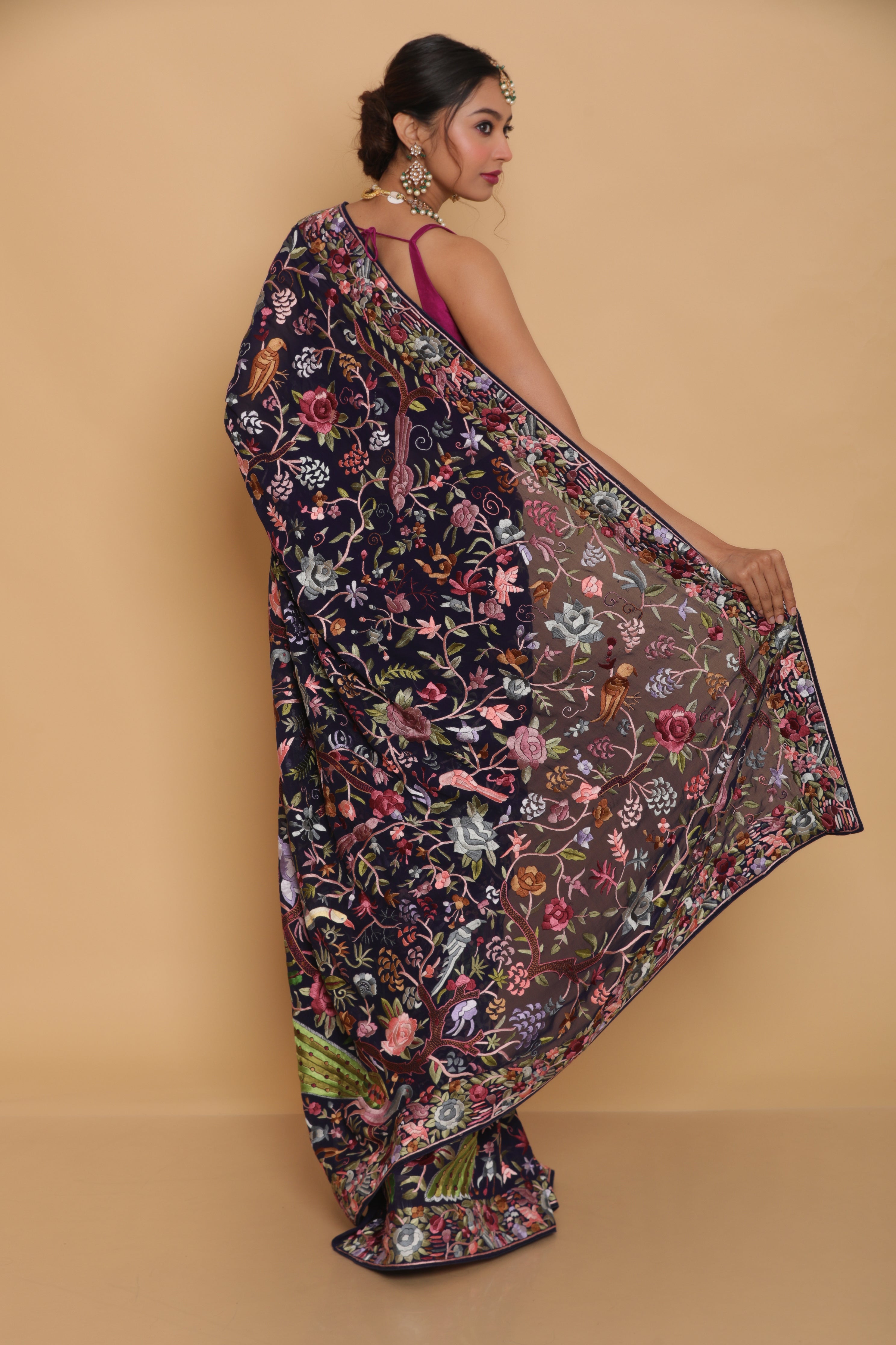 Blue Hand Embroidered Gara Parsi Saree